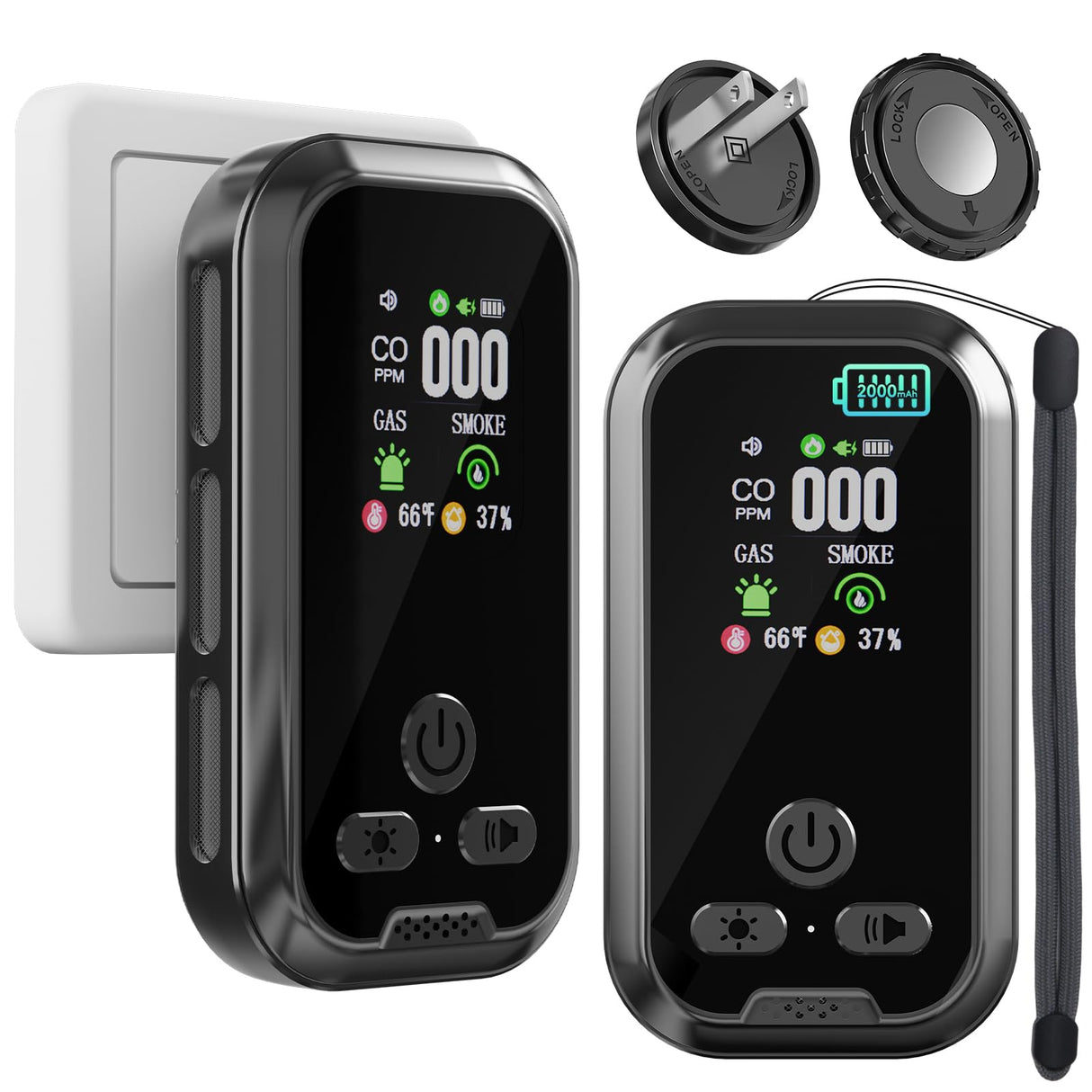 2 Packs, Plug-in Carbon Monoxide Detector, 5-in-1, with HD Display, 3Icons, for Gas, CO, Smoke, Display Temperature, Humidity, 100dB Alarm,Built-in Battery for Portable Use, Display Power Level,Black