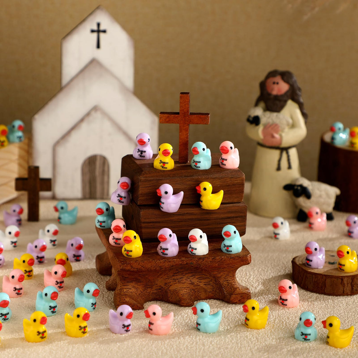 Suzile 100 Pcs Mini Jesus Resin Ducks Little Figures Bulk Jesus Loves You Christian Mini Duck Figures Duckies to Hide and Seek Religious Party Decoration for Church Baptism Sunday Reward Gifts
