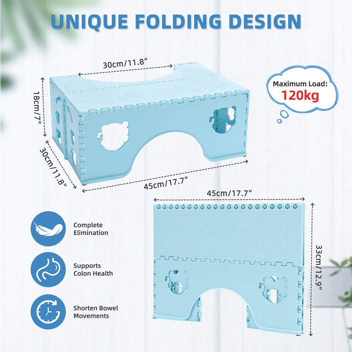 7inches Foldable Toilet Stool (Blue), Healthy Bathroom Squatting Posture Poop Stool with Anti-Slip Feet, A Good Helper to Effective Relief of Constipation, Easy to Storage Toilet Squat Stool