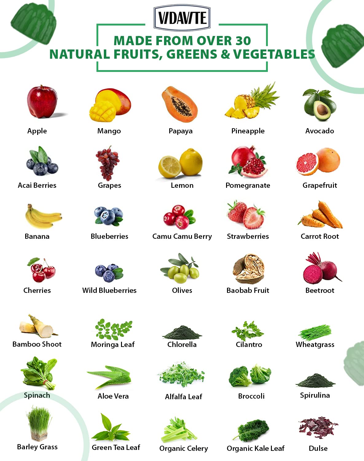 VIDAVITE Sugar-Free Fruit and Veggie Gummies — 35+ Greens, Fruit and Vegetable Vitamins to Boost Immunity, Skin & Gut Health — Ideal Fruity Vegetable Supplement for Adults & Kids (60 Gummies)