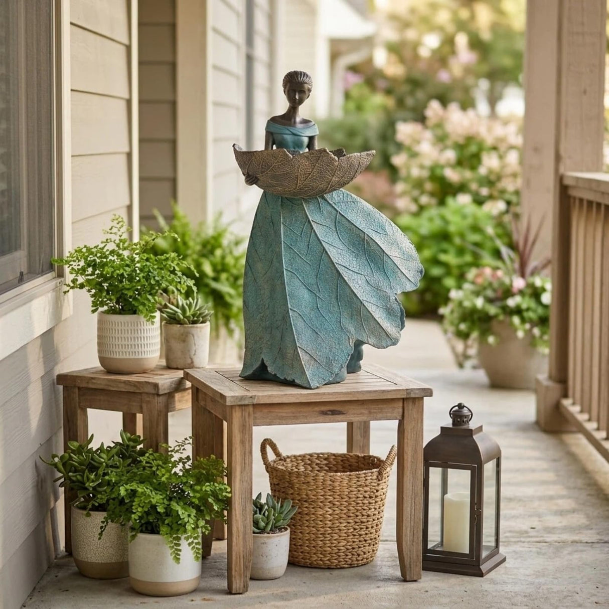 DiliComing Fairy Garden Statues Bird Feeder - 12 Inch Resin Outdoor Fairy Statue for Garden Decor, Decorative Patio Yard Lawn Flower Bed Figurine, Garden Gifts for Women (Green)