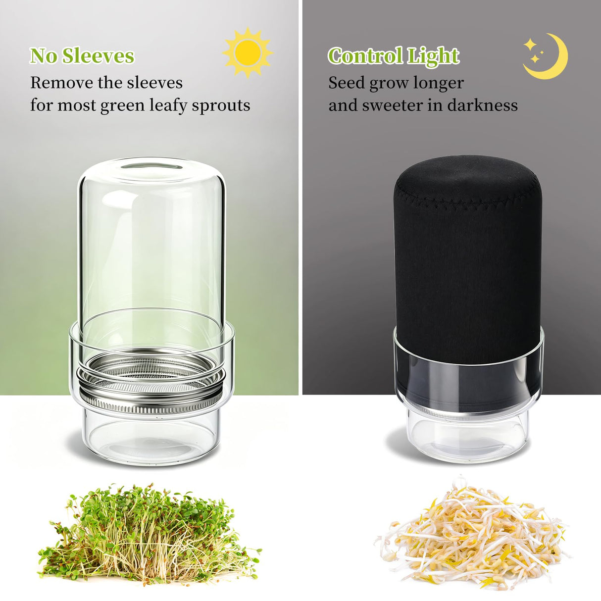Sprouting Kit, 2 Wide Mouth Sprouting Jar with Stainless Steel Screen Sprout Lids, Blackout Sleeves, Drain Cover, Sprouts Growing Kit for Broccoli, Mung Beans, Alfalfa & Microgreens