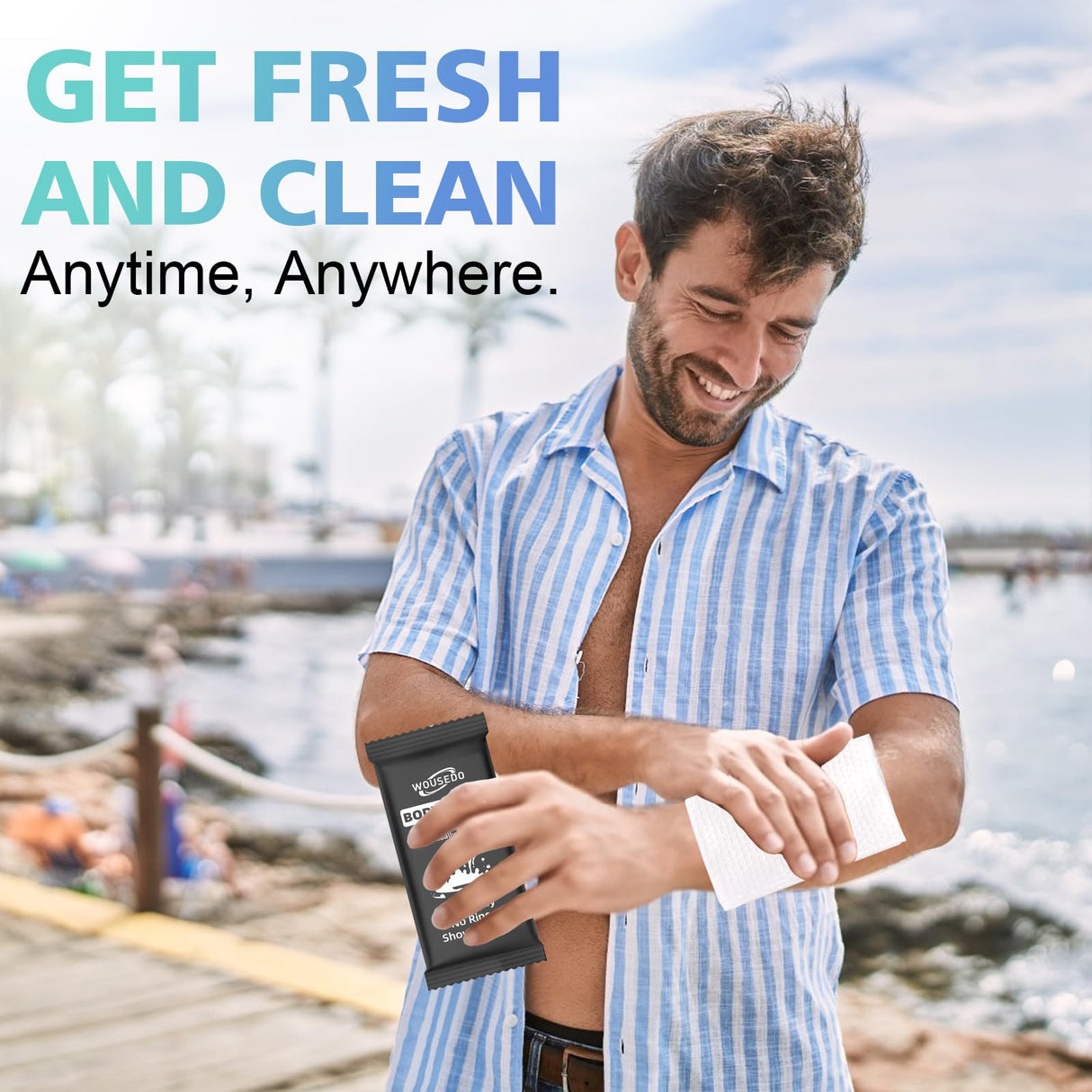 300 Pcs Ultra Thick Soft Large Body Wipes Individually Wrapped(7.87" x 9.45"),Shower Wipes for Adults Bathing No Rinse,Personal Cleansing Wipes for Travel Gym,Bulk Deodorant for Homeless(Black)