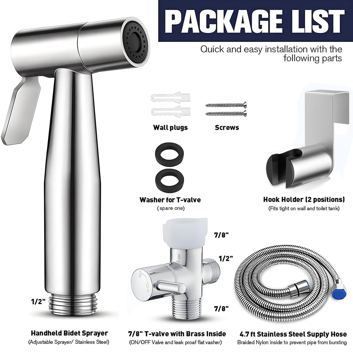 New Version Handheld Bidet Sprayer for Toilet, Premium Stainless Steel Bathroom Bidet Sprayer Set, Baby Cloth Diaper Sprayer with Superior Complete Spray Hoses Kit, Support Wall or Toilet Mount