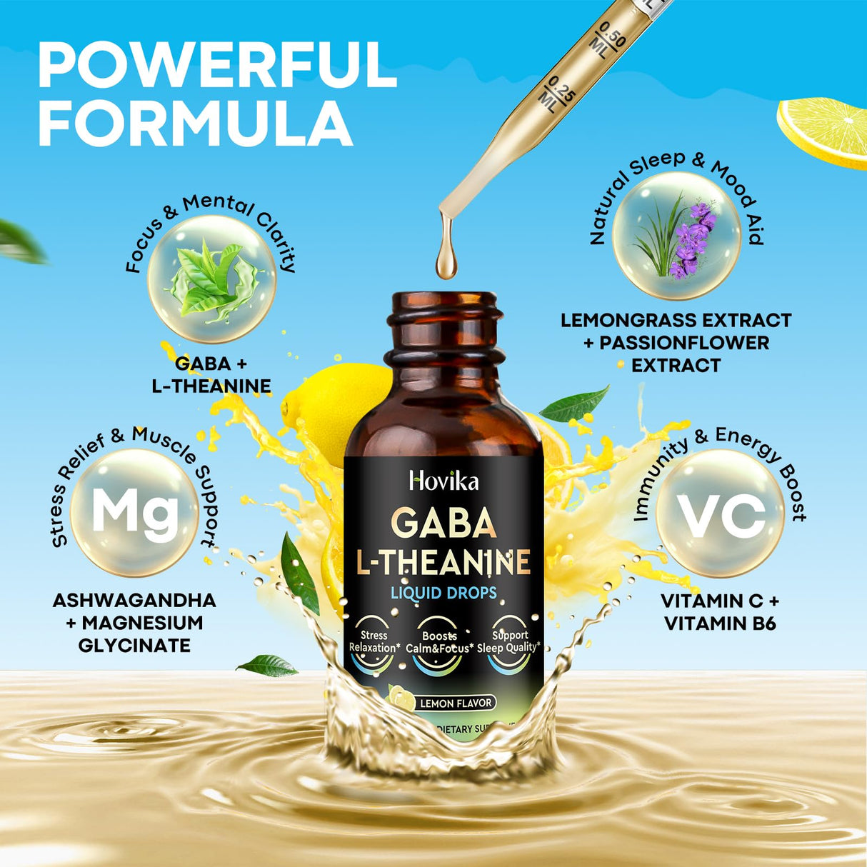 GABA L-Theanine Drops - Liquid GABA L-Theanine Supplement with L-Theanine, Ashwagandha, Magnesium Glycinate, Vitamin C, B6 - Support Sleep, Relaxation, Calm Mood & Focus - Lemon Flavor, 2 Fl Oz