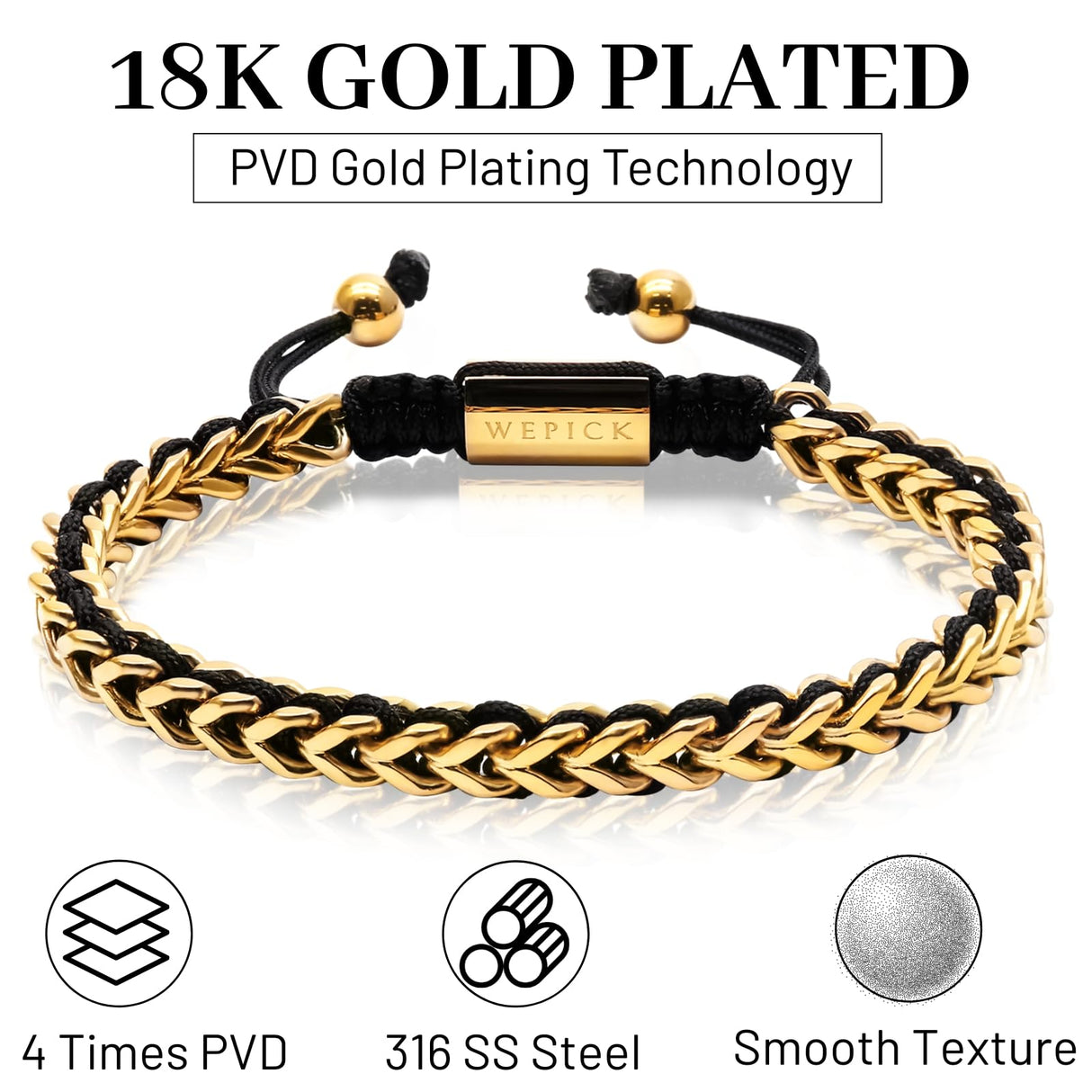 WP WEPICK 18K Gold-Plated Bracelets for Men Franco Link Chain Adjustable