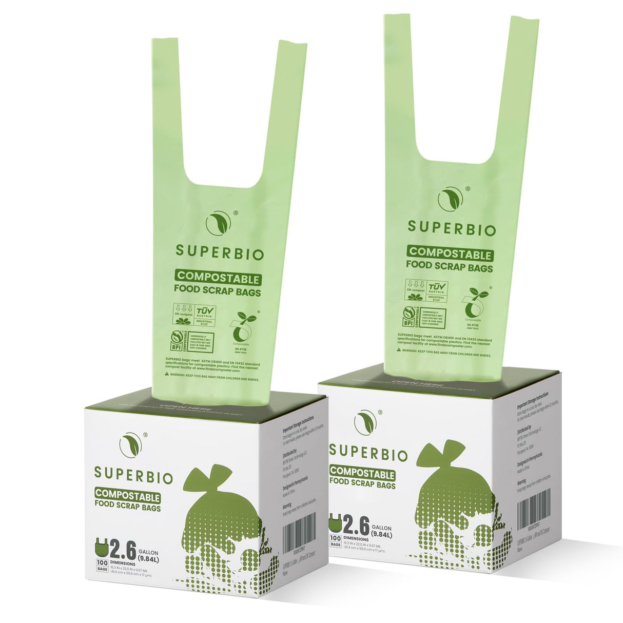 SUPERBIO 2.6 Gallon Compostable Bags, 100 Count, 2 Pack, 9.84L, Handle Tie Food Waste Bags, BPI and OK compost INDUSTRIAL Certified