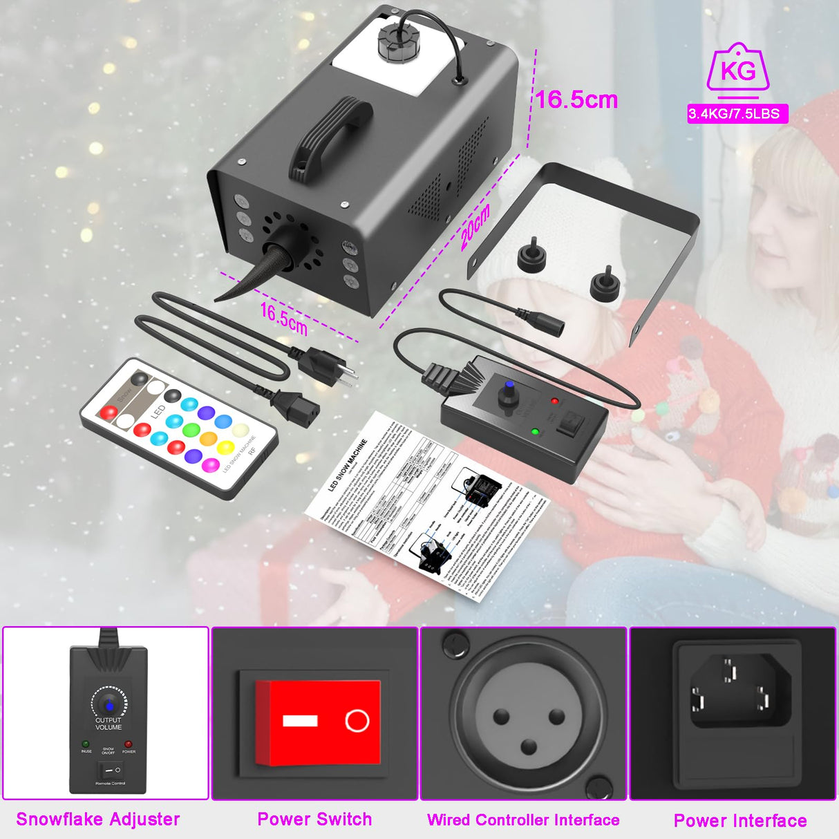 Snow Machine with LED Lights 600w, Remote Control, Perfect for Parties Indoor, Christmas, Wedding, Stage Effect，A-600w