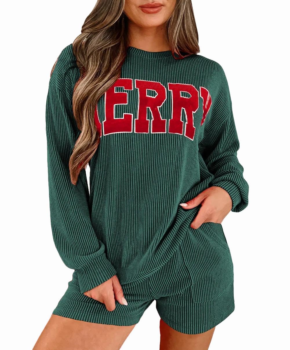 Opemiby Womens Ribbed Pajama Sets Long Sleeve Top and Shorts Matching Lounge Set Loungewear Sweatsuit with Pockets Christmas Evergreen L
