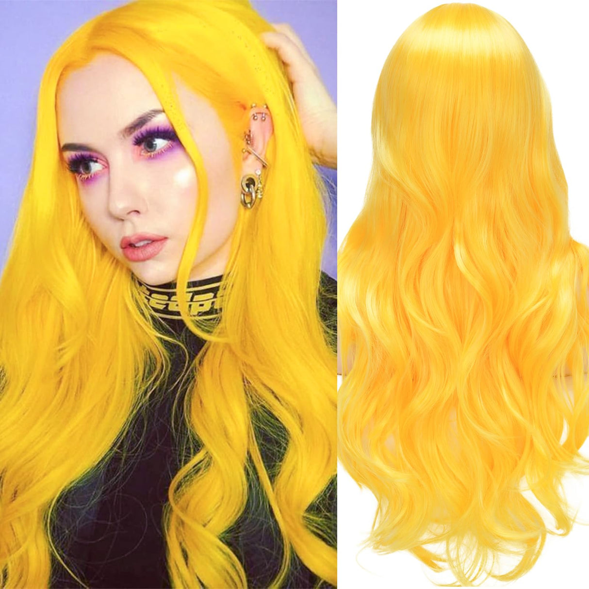 Sabosi Yellow Wig Long Curly Wavy Cute Colorful Wigs Middle Part Synthetic Hair Wigs for Christmas Cosplay Daily Party Wigs