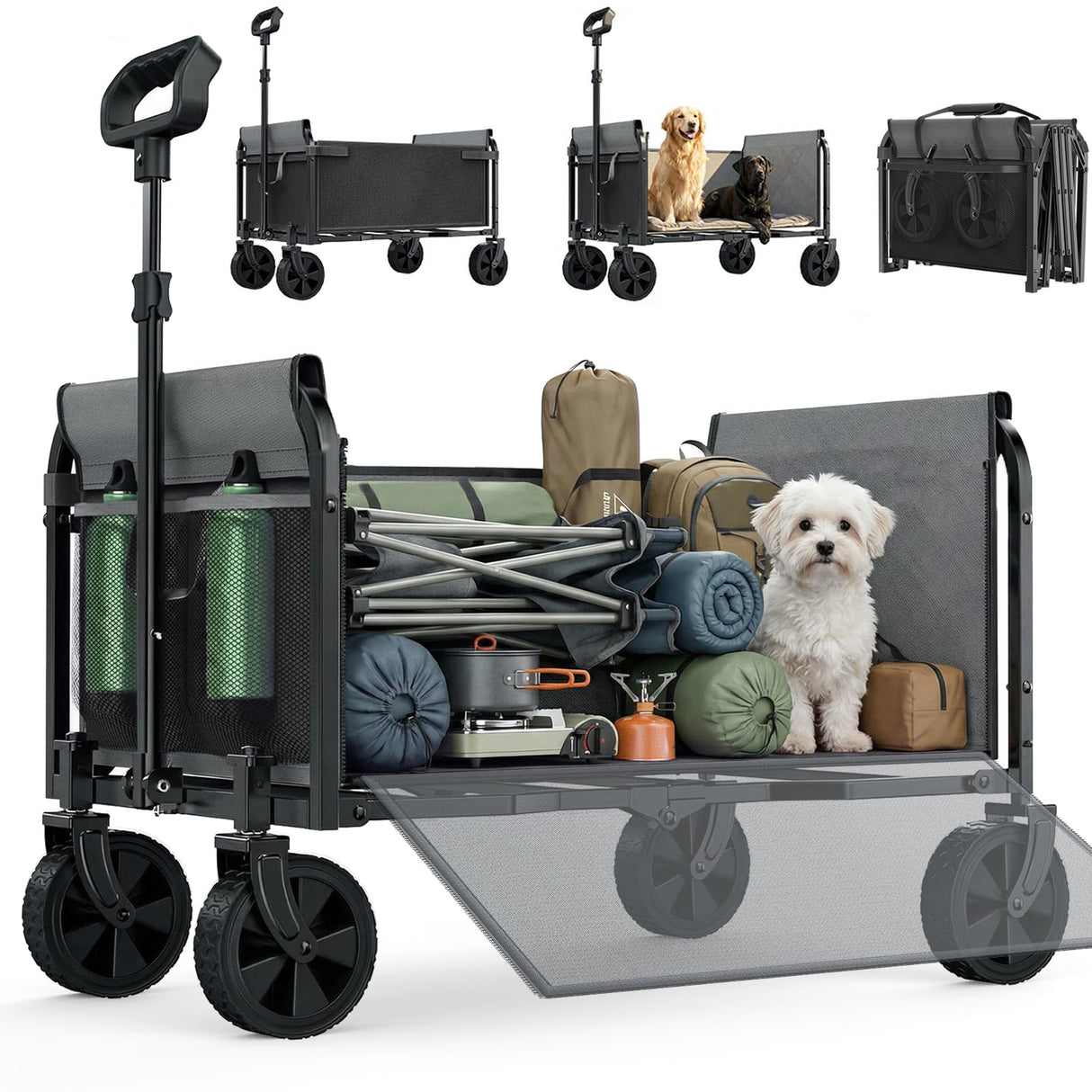 Aimnny Wagons Carts Foldable, Lightweight Collapsible Utility Wagon-220LBS Capacity One-Side Full Zipper, Side Load No Lifting for Light Camping, Grocery, Shopping, Sports & Apartment Moving (Black)