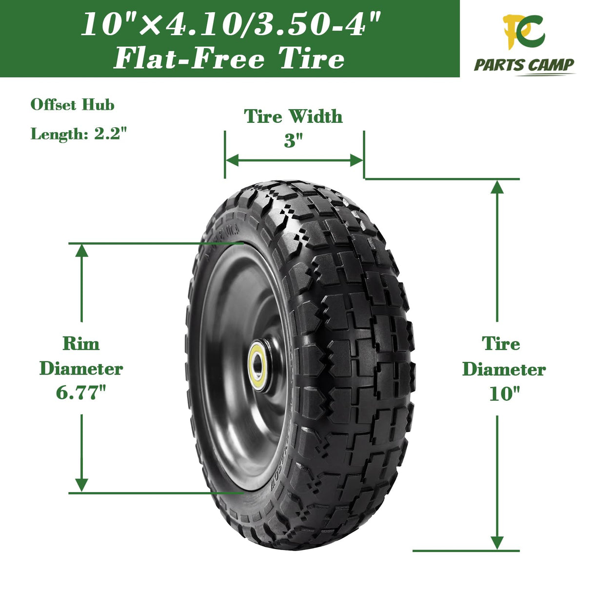 Parts Camp Replace Gorilla Cart Wheels 10" Flat-free Solid Tire and Wheel Replacement 4.10/3.50-4 tire for Hand Truck Wagon Garden Dolly Trolley With 5/8" Axle Bore Hole 2.2" Offset Hub 2-Pack