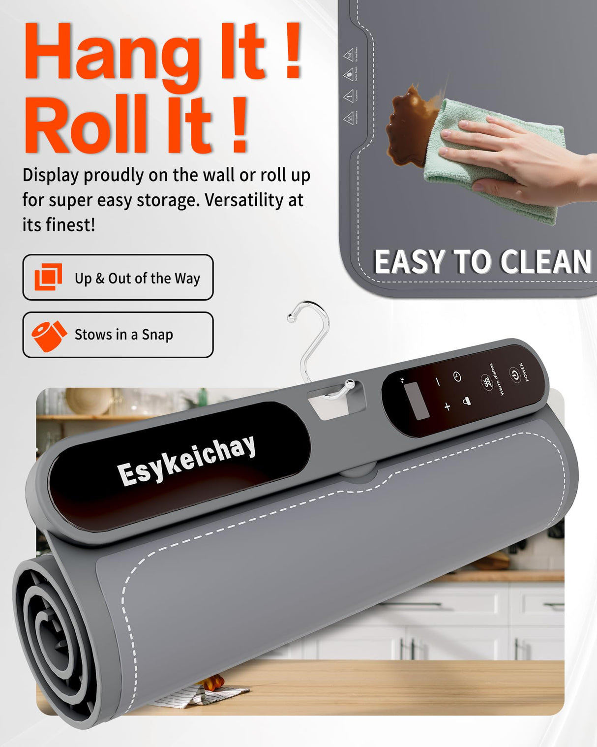 Warming Mat for Food with Roll-Up & Hangable Design, 24"x16" Electric Silicone Food Warmer Trays for Chafing Dishes & Buffet, Portable Food Warmers for Parties with 7-Level Temp 8h Timer (Gray, Large)