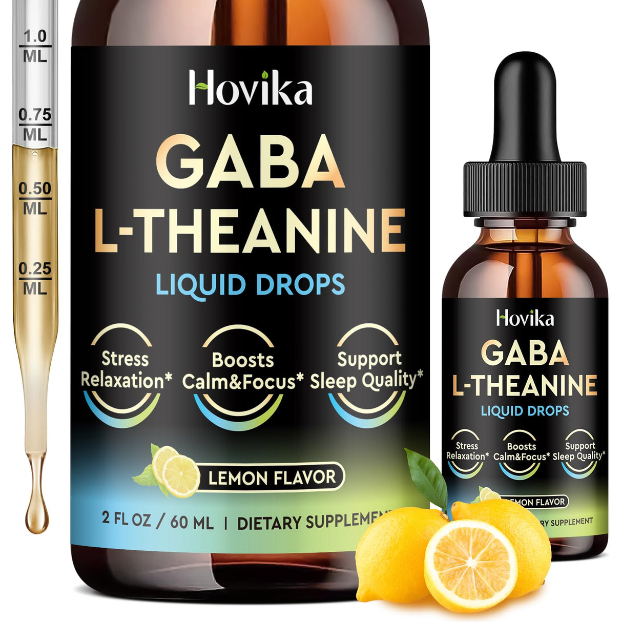 GABA L-Theanine Drops - Liquid GABA L-Theanine Supplement with L-Theanine, Ashwagandha, Magnesium Glycinate, Vitamin C, B6 - Support Sleep, Relaxation, Calm Mood & Focus - Lemon Flavor, 2 Fl Oz