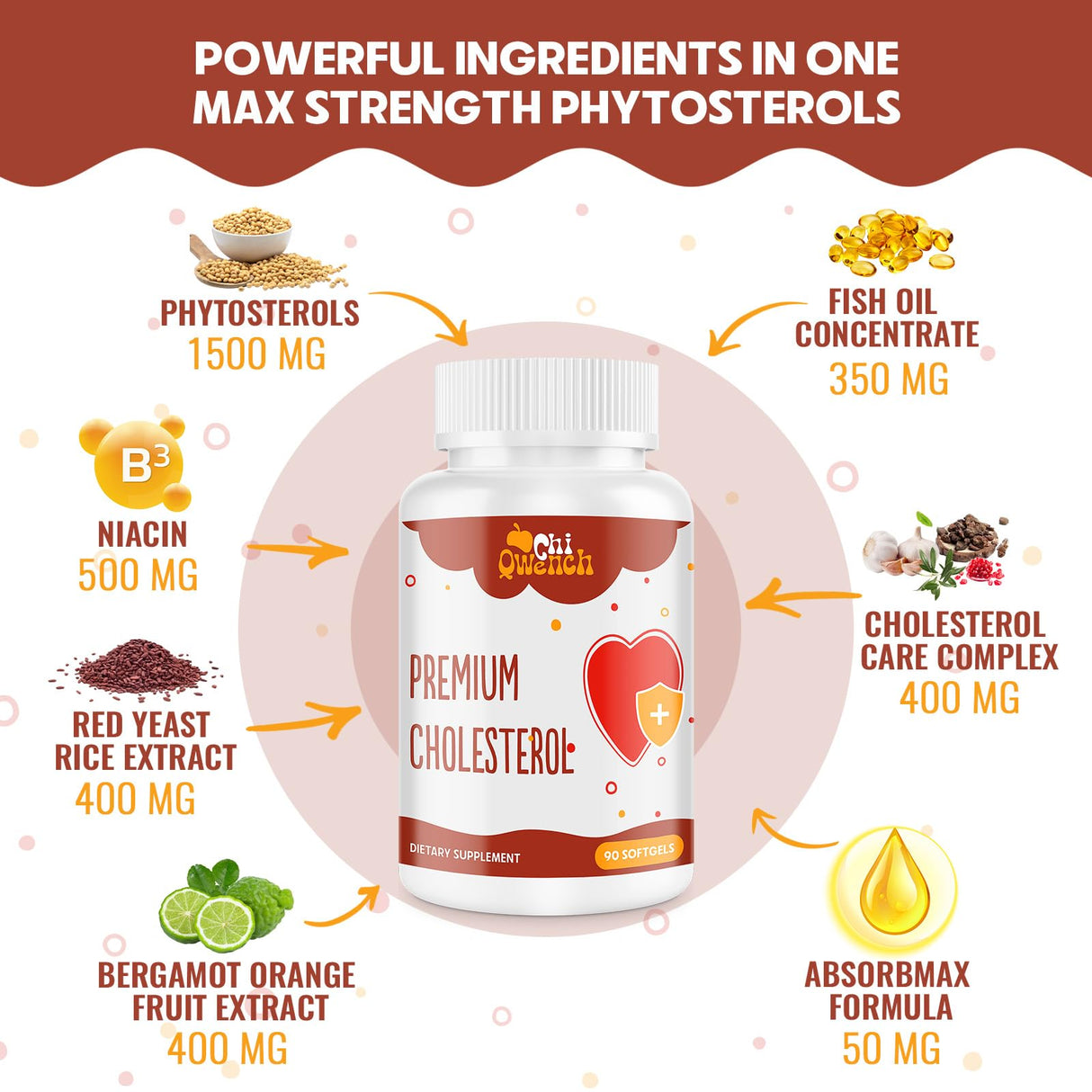 Cholesterol Supplements with Plant Sterols, Niacin, Red Yeast Rice, Citrus Bergamot, Garlic, Cholesterol Supplement Support Normal Cholesterol Levels, 90 Softgels