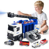 3-in-1 Large Fire Truck Toy with Garage & 6 Cars, Water Pump, Extendable Ladder, Lights & Siren Sounds, Fire Rescue Truck Vehicle Toy for Boys Girls 3+, Christmas Birthday Gift