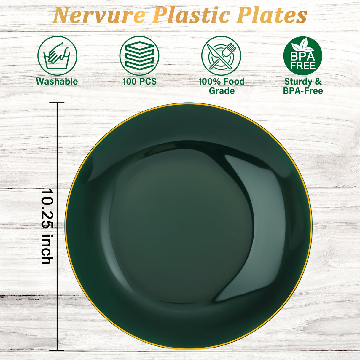 Nervure 100Pcs Green and Gold Plastic Plates - 10.25inch Disposable Green Dinner Plates - Heavy Duty Plastic Plate Ideal for Wedding & Party & Christmas