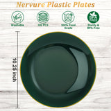 Nervure 100Pcs Green and Gold Plastic Plates - 10.25inch Disposable Green Dinner Plates - Heavy Duty Plastic Plate Ideal for Wedding & Party & Christmas