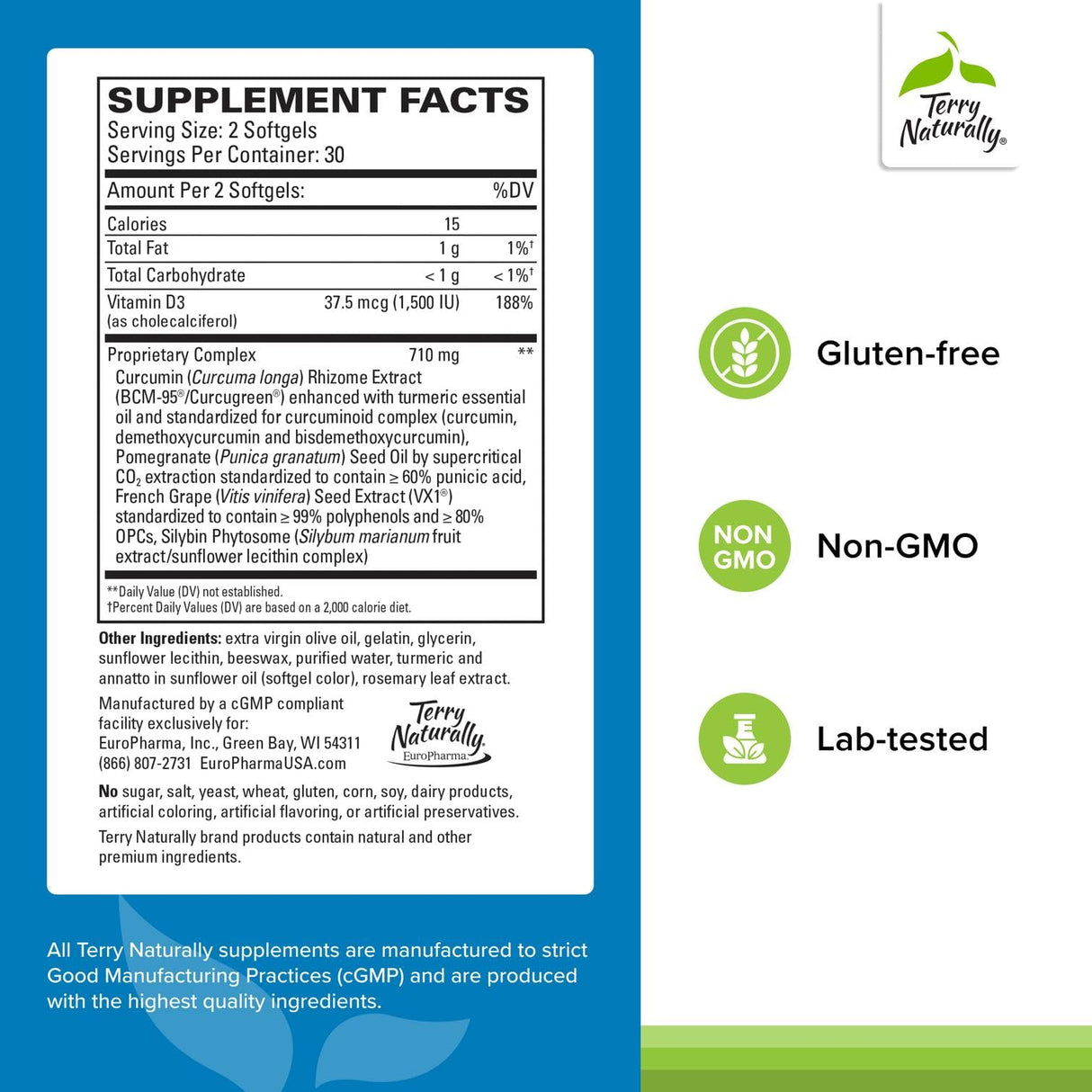 Terry Naturally Healthy PSA Levels - Dietary Supplement for Healthy Prostate & Hormone Balance Support - Herbal Supplement with Curcumin, Turmeric Essential Oil & Grape Seed Extract - 60 Softgels