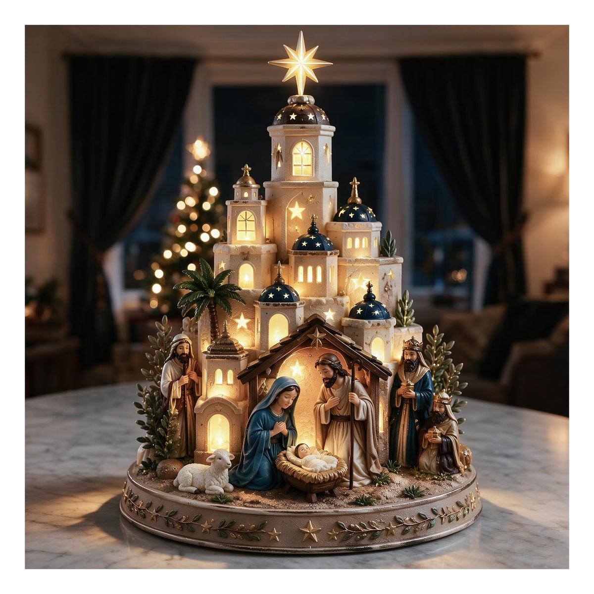 Bethlehem Nativity Church Light Tower,Lighted Nativity Scene Tabletop,1 Pcs