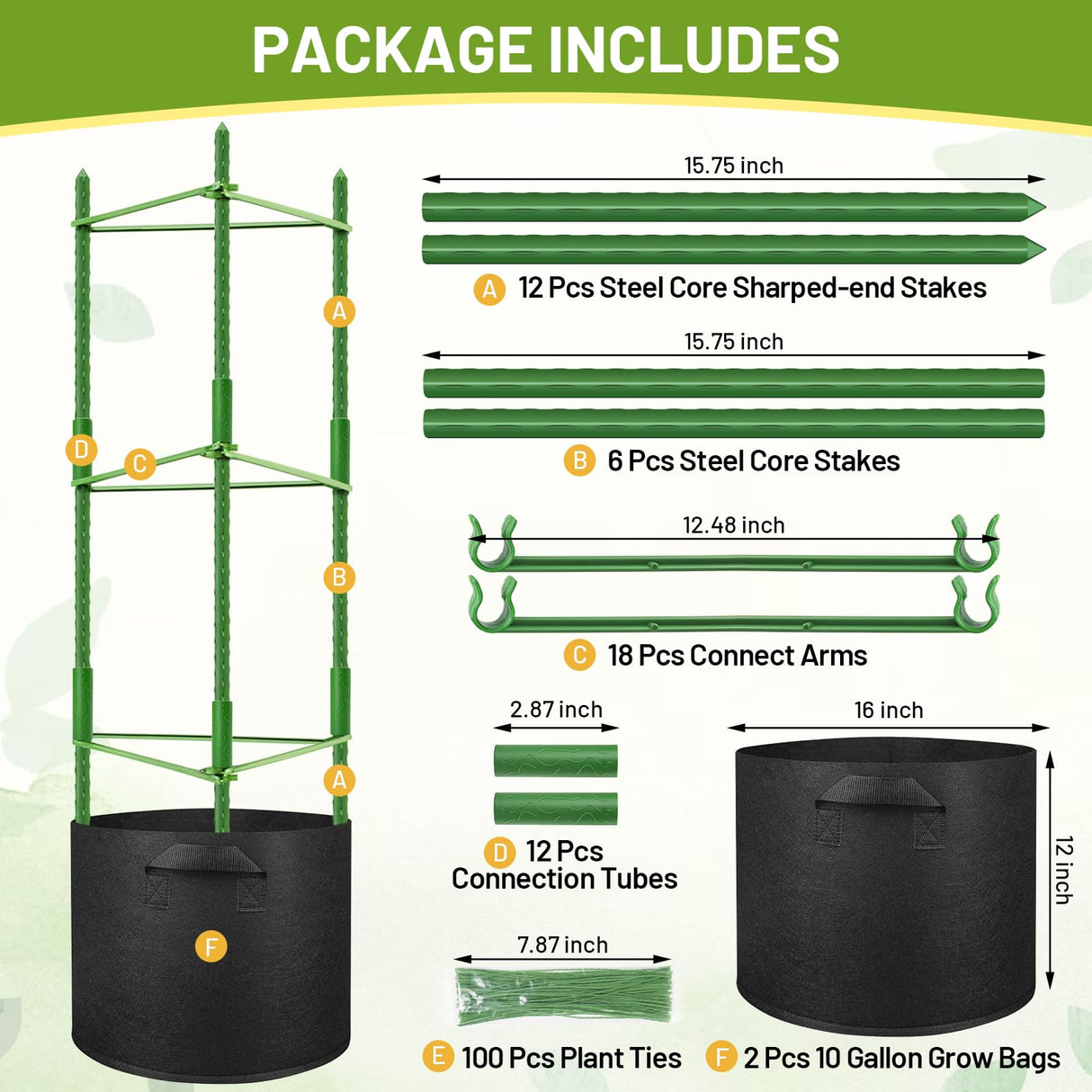 Legigo 2 Pack Tomato Cages with 10 Gallon Grow Bags- 48inch Tomato Trellis Plant Support Stakes Planter, Tomato Plant Cages Garden Trellis for Vertical Climbing Plants Vegetables Flowers Fruits