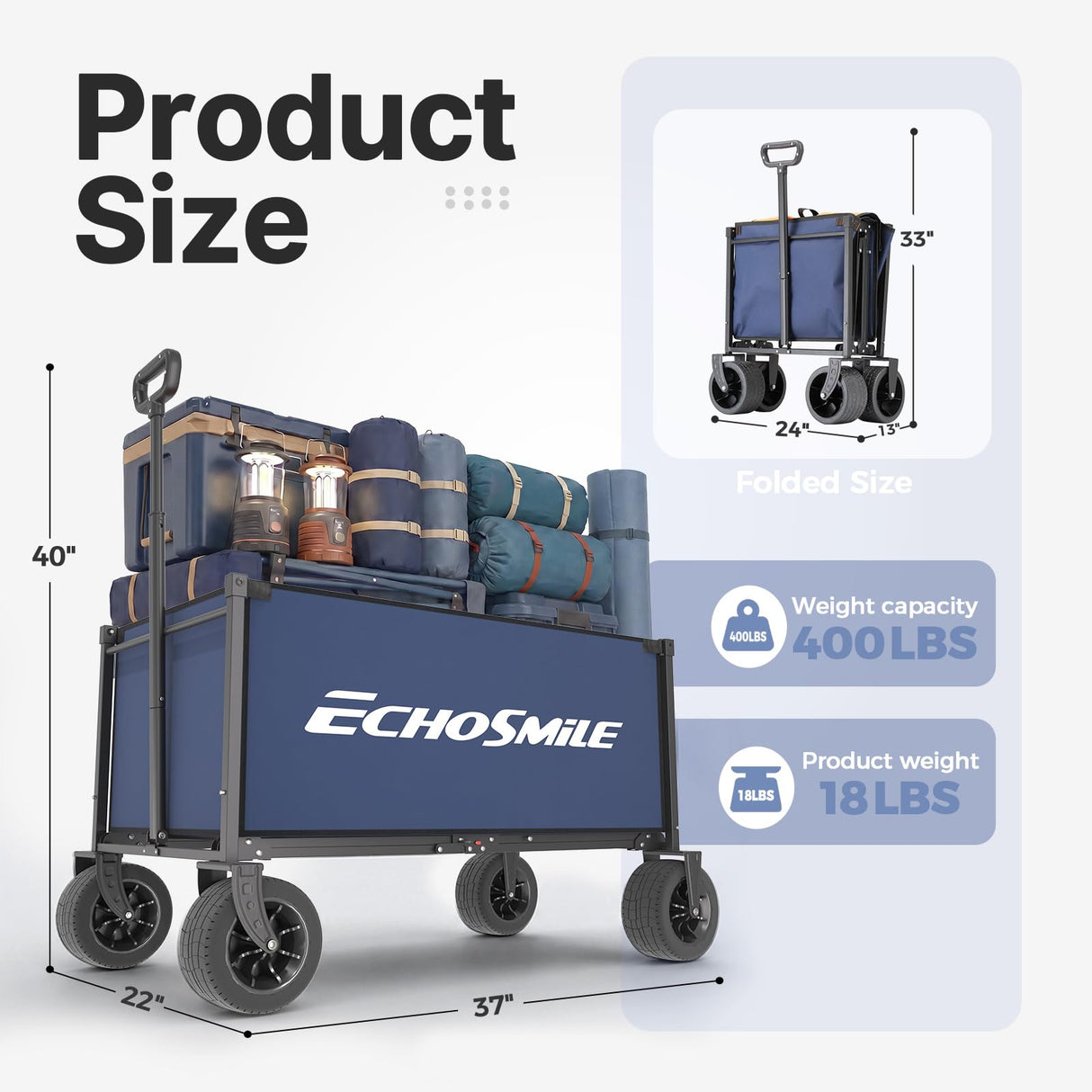 EchoSmile Collapsible Wagon Cart, Heavy Duty 400lbs Capacity, Blue