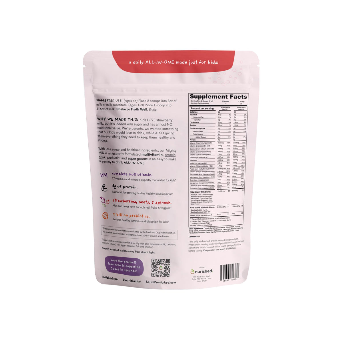 Nurished Mighty Strawberry Milk - Kids All-in-One Daily Protein Powder & Multivitamin Boosted with 2 Billion Probiotics & Organic Spinach - Natural Flavors, Colors & Sweeteners - 15-30 Servings