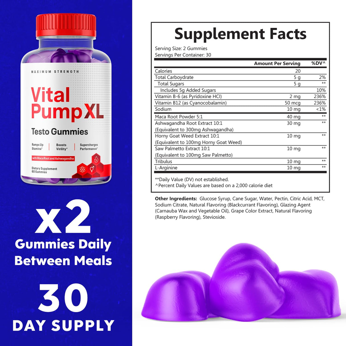 (2 Pack) Vital Pump XL Gummies , Official Vital PumpXL Maximum Strength Gummy Supplement, All Natural VitalPump XL Gummies Once Daily Chewable Multivitamin Supporting Strength and Energy (120 Gummies)
