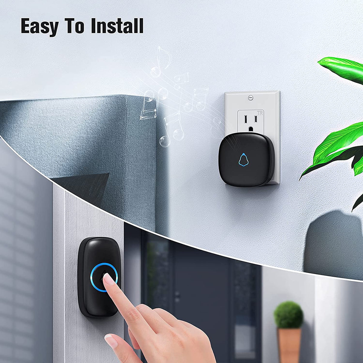 SECRUI Wireless Doorbell with 3Receivers 2 Push Buttons, Easy installation, Adjustable Volume, 58 Chimes, Colorful LED, 1000Ft Range, M520+F55, Black