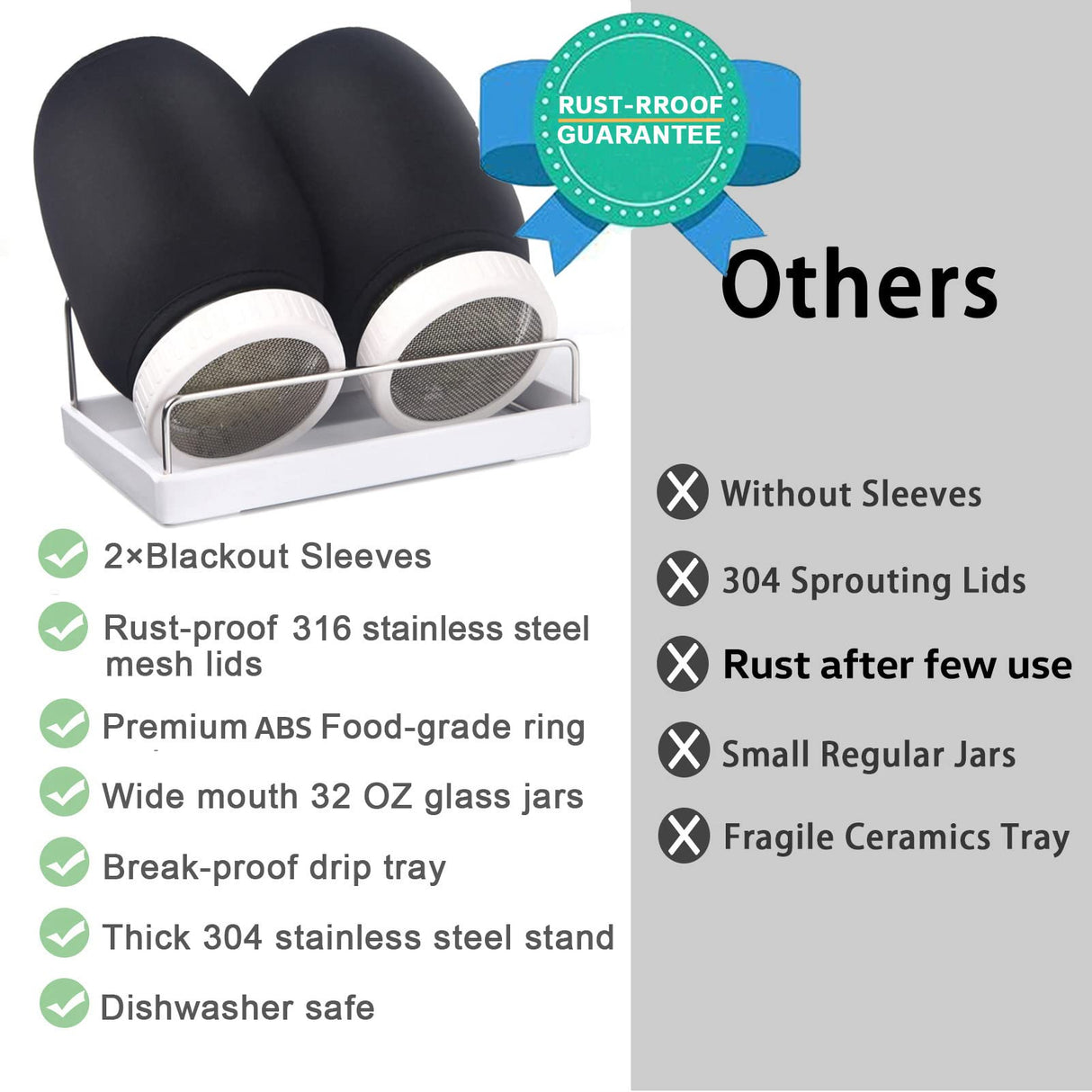 Complete Sprouting Jar Kit| 2 Wide Mouth Mason Jars, 316 Screen Sprout Lids, Blackout Sleeves, Tray, Stand| Sprouter Set for Growing Broccoli, Alfalfa and More-Seeds not Included