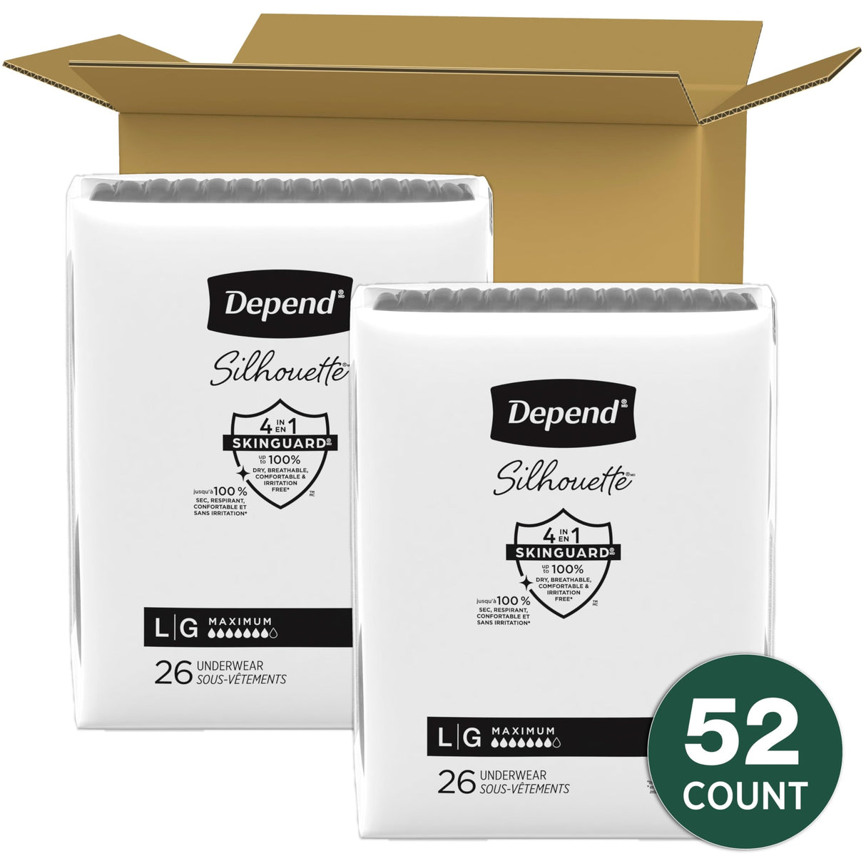 Depend Silhouette Adult Incontinence & Postpartum Bladder Leak Underwear for Women, Maximum Absorbency, Large, Black, 52 Count (2 Packs of 26), Packaging May Vary