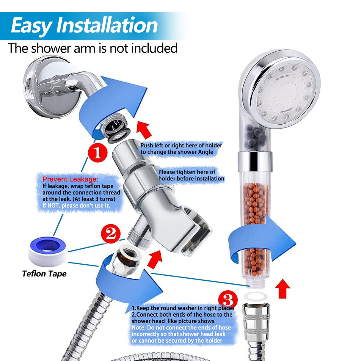 FASTRAS LED Shower Head with Handheld, High Pressure Shower Head with Hose, Holder & PTFE Tape etc, 3 Water Temperature-Controlled Water Saving Filtered Shower Head for Dry Hair& Skin