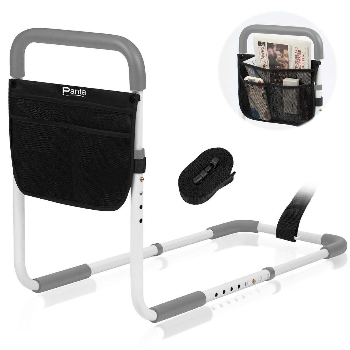 Panta Bed Rails for Elderly Adults, Adjustable Bed Assist Bar for Seniors, Medical Bed Safety Rail with Storage Bag and Fixing Strap, Portable Bed Cane Fit King, Queen, Full, Twin, Medium, Grey