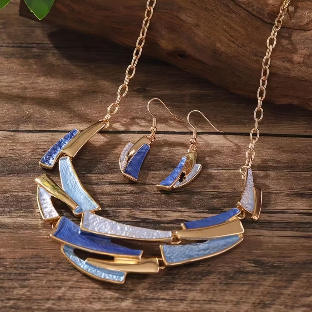 JWIGP Boho Geometric Statement Jewelry Set for Women, Blue Enamel Chunky Gold Necklace Earrings Retro Vintage Layered Chunky Collar Fashion Jewelry Gifts (Blue set)