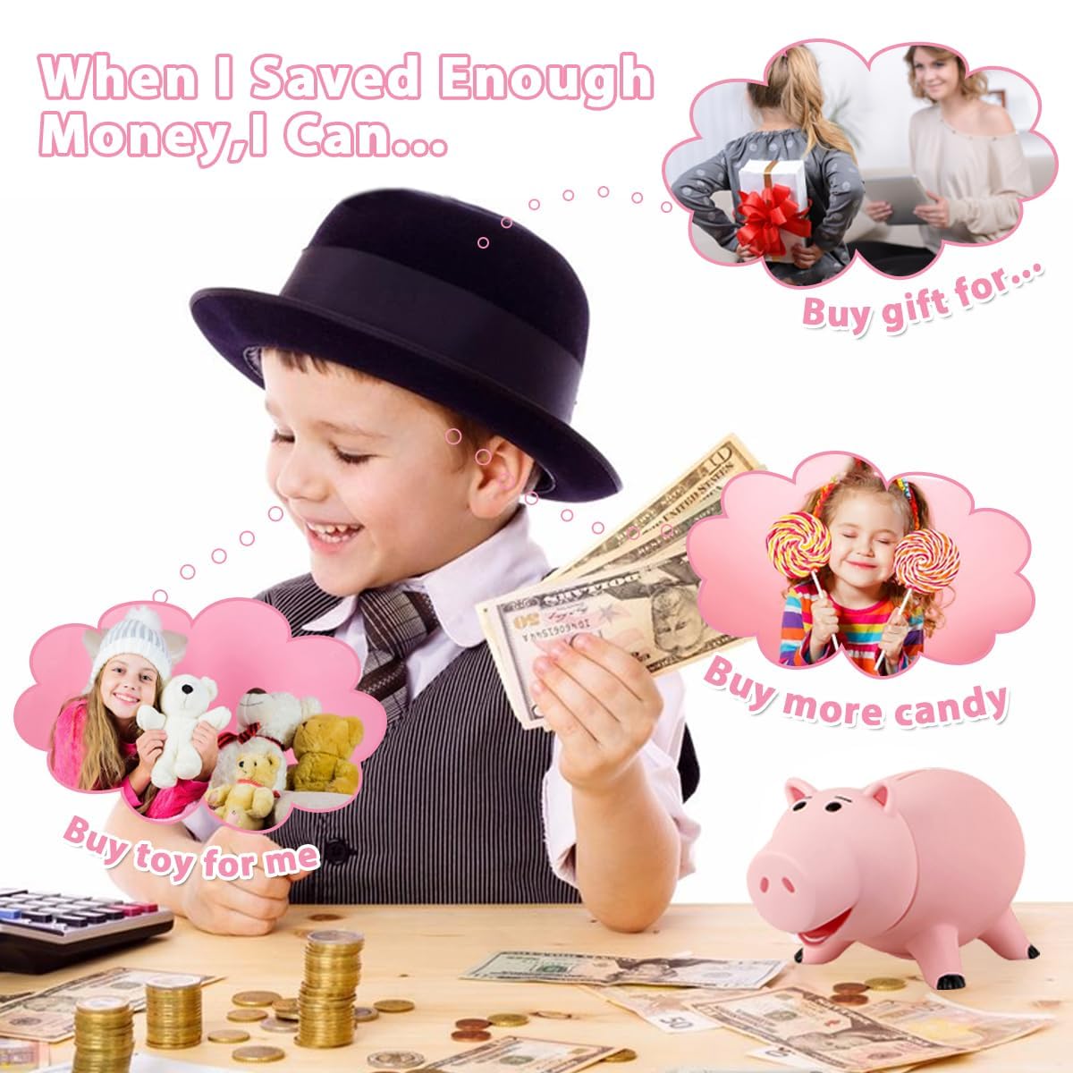 PHOCAS Hamm Piggy Bank Unbreakable Cute Pink Pig Money Bank Plastic Saving Coin Bank for Kids Christmas Birthday Gift