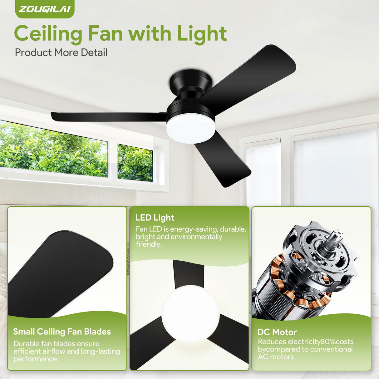 ZOUQILAI Ceiling Fans with Lights - 42 Inch Low Profile Ceiling Fan with Light and Remote, Reversible DC Motors, 3CCT Dimmable Timer Noiseless, Black Flush Mount Ceiling Fan for Bedroom/Living Room
