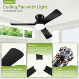 ZOUQILAI Ceiling Fans with Lights - 42 Inch Low Profile Ceiling Fan with Light and Remote, Reversible DC Motors, 3CCT Dimmable Timer Noiseless, Black Flush Mount Ceiling Fan for Bedroom/Living Room