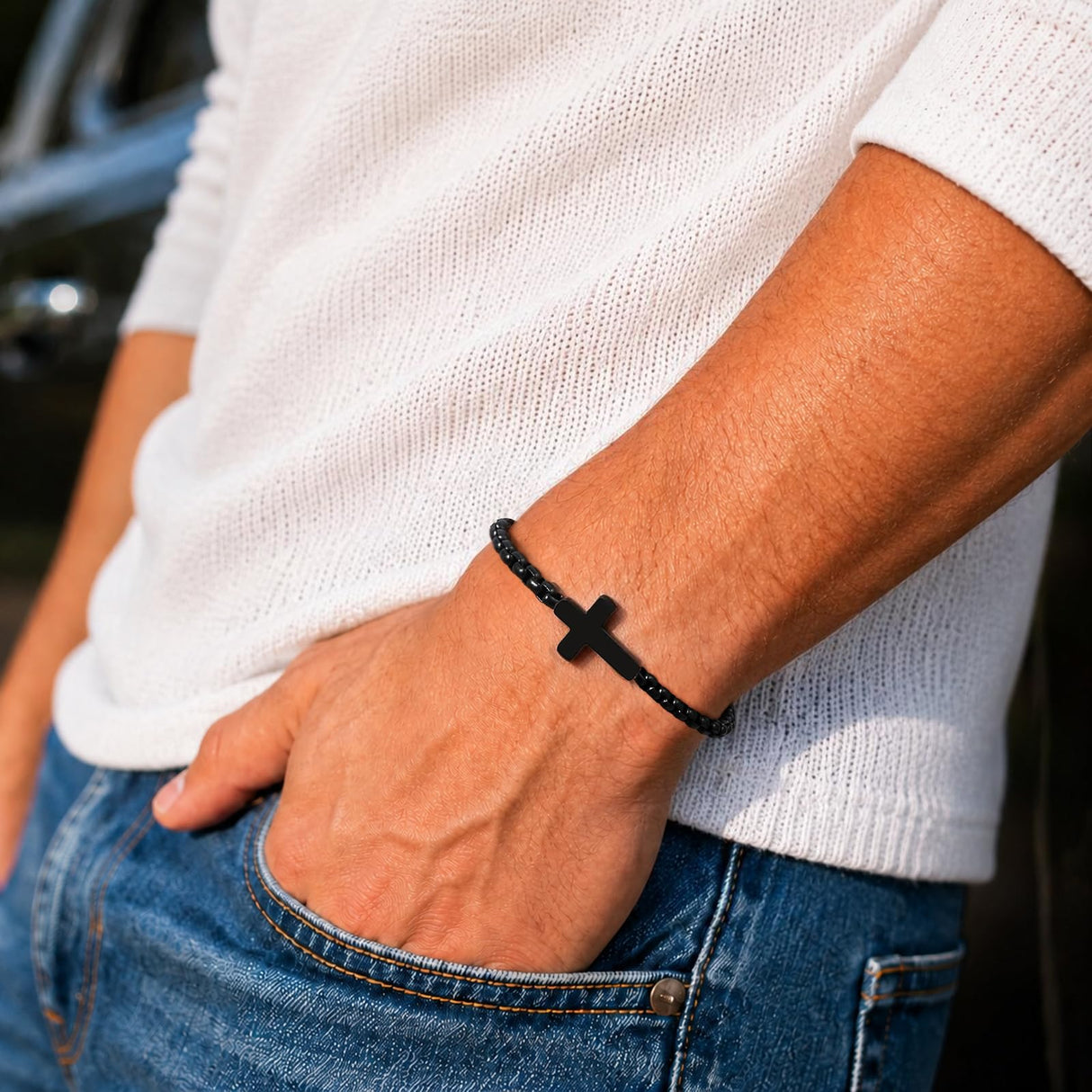 Cross Bracelet for Men,Christian Cross Link Chain,Stainless Steel Bracelets Rolo Chains,Non Tarnish Black Mens Faith Bracelet,Religious Catholic Jewelry Gifts Idea for Boyfriend Dad Son Husband,8.26in