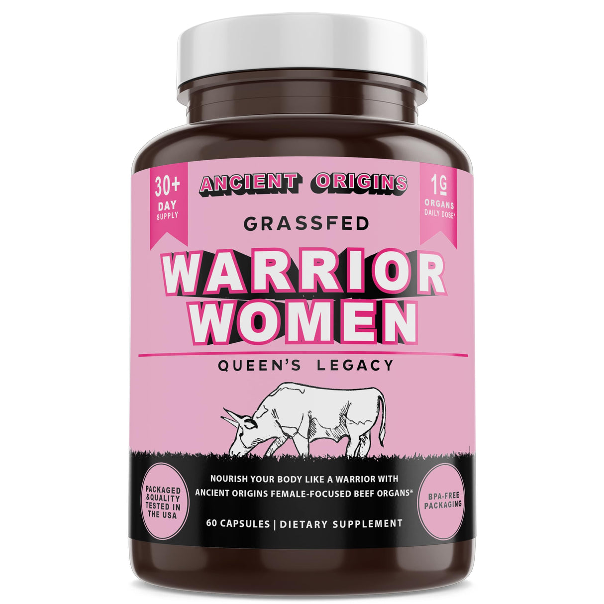 Warrior Women's Beef Organ Superfood Supplement (Beef Heart, Liver, Colostrom & 4 More) - 100% Grass Fed & Grass Finished - Balance Hormones, Energy, & More for Women (60 capsules, 500 mg each)
