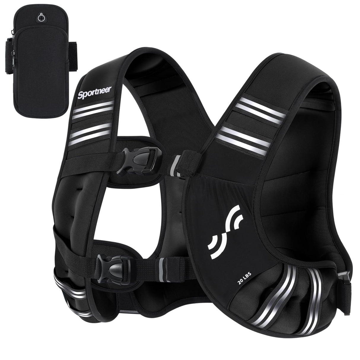 Weighted Vest for Men and Women: Sportneer 20lbs Weight Vest with Reflective Stripe Running Vest with Pocket for Workout Strength Training Fitness Muscle Building Weight Loss Weightlifting Black