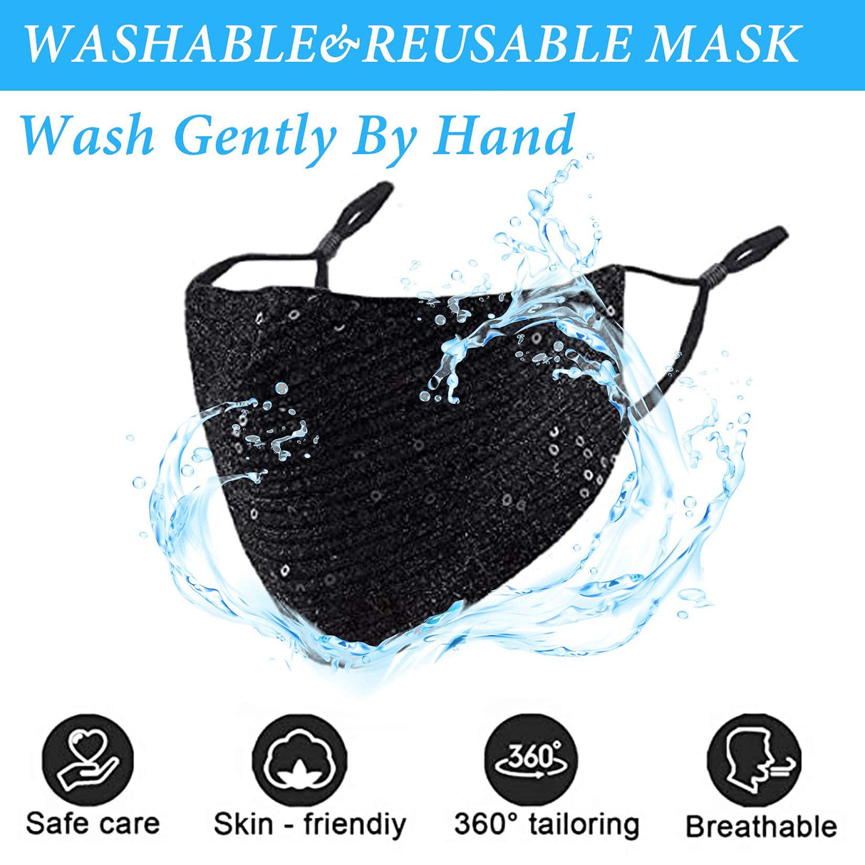 Sparkly Sequins Mouth Masc Fashion Designer Glitter Cotton Face Cover With Adjustable Ear Loops Reusable Masquerade Party Nightclub Rave Festival Sequins Face Covering (Black)