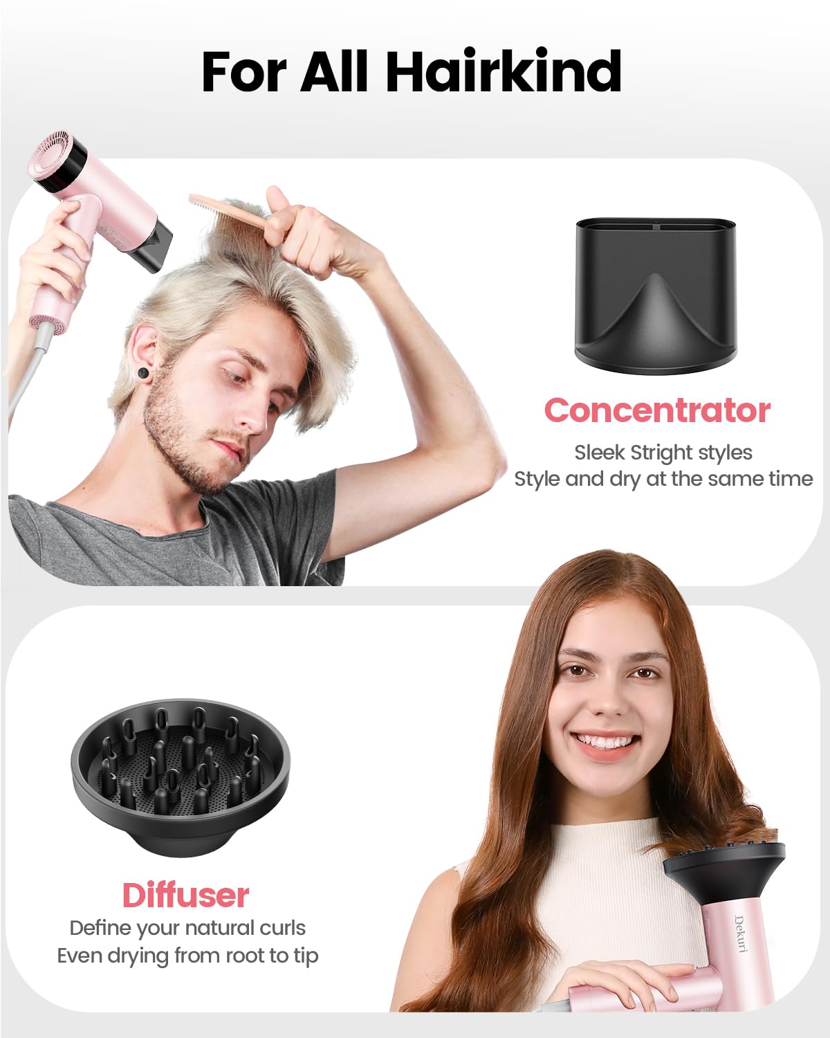 Dekuri Hair Dryer, 110,000 RPM High-Speed Fast Drying Blow Dryer, 200 Million Ionic Lightweight Hairdryer with Diffuser, Magnetic Nozzle, 4 Temps & 3 Speeds, Low Noise for Women & Men (Pink)