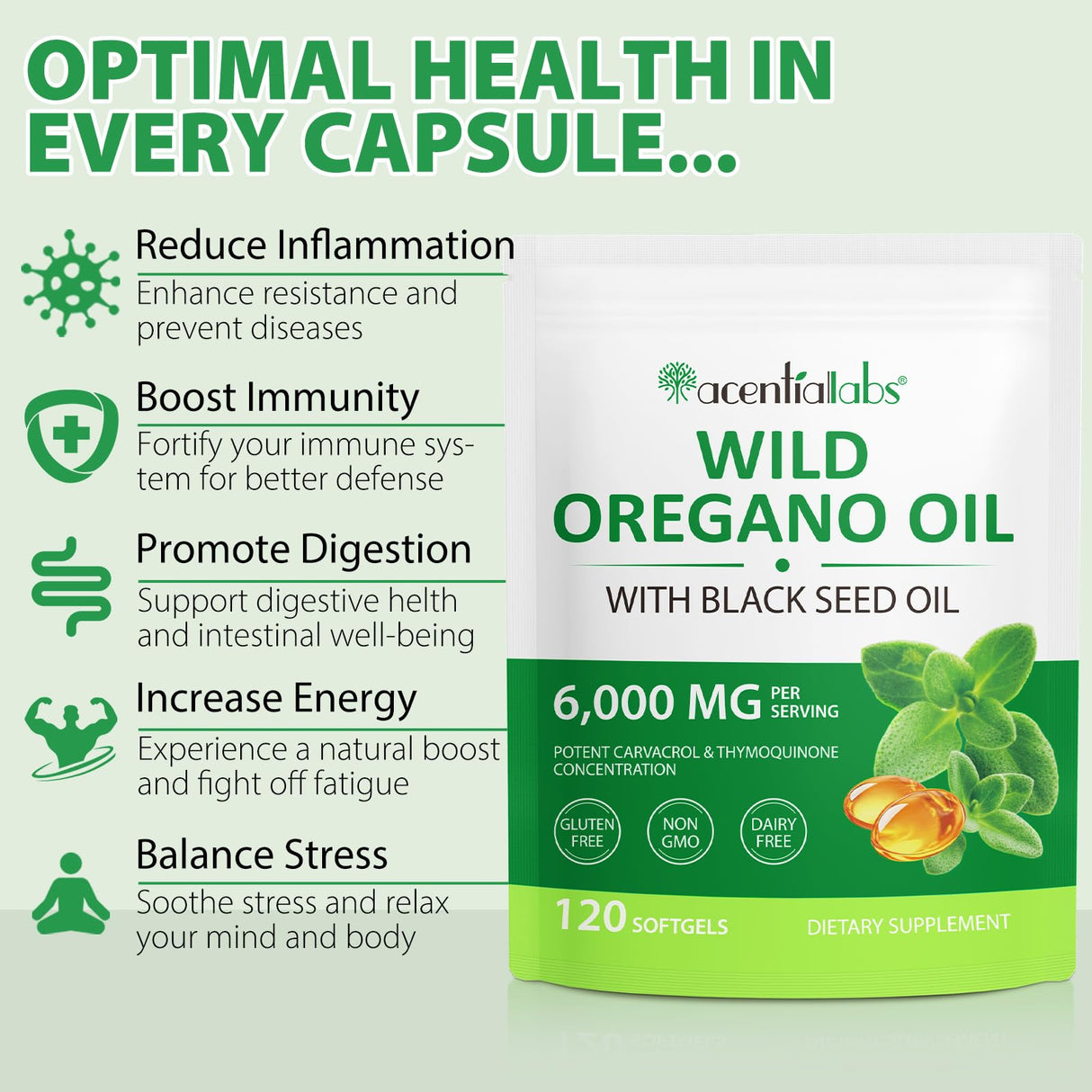 Oil of Oregano Softgels 6000mg, 120 Count | 2 in 1 Formulated with Black Seed Oil 200mg, Organic Oregano Oil Capsules, High Carvacrol & Thymoquinone for Immune Support | Non-GMO, Gluten-Free
