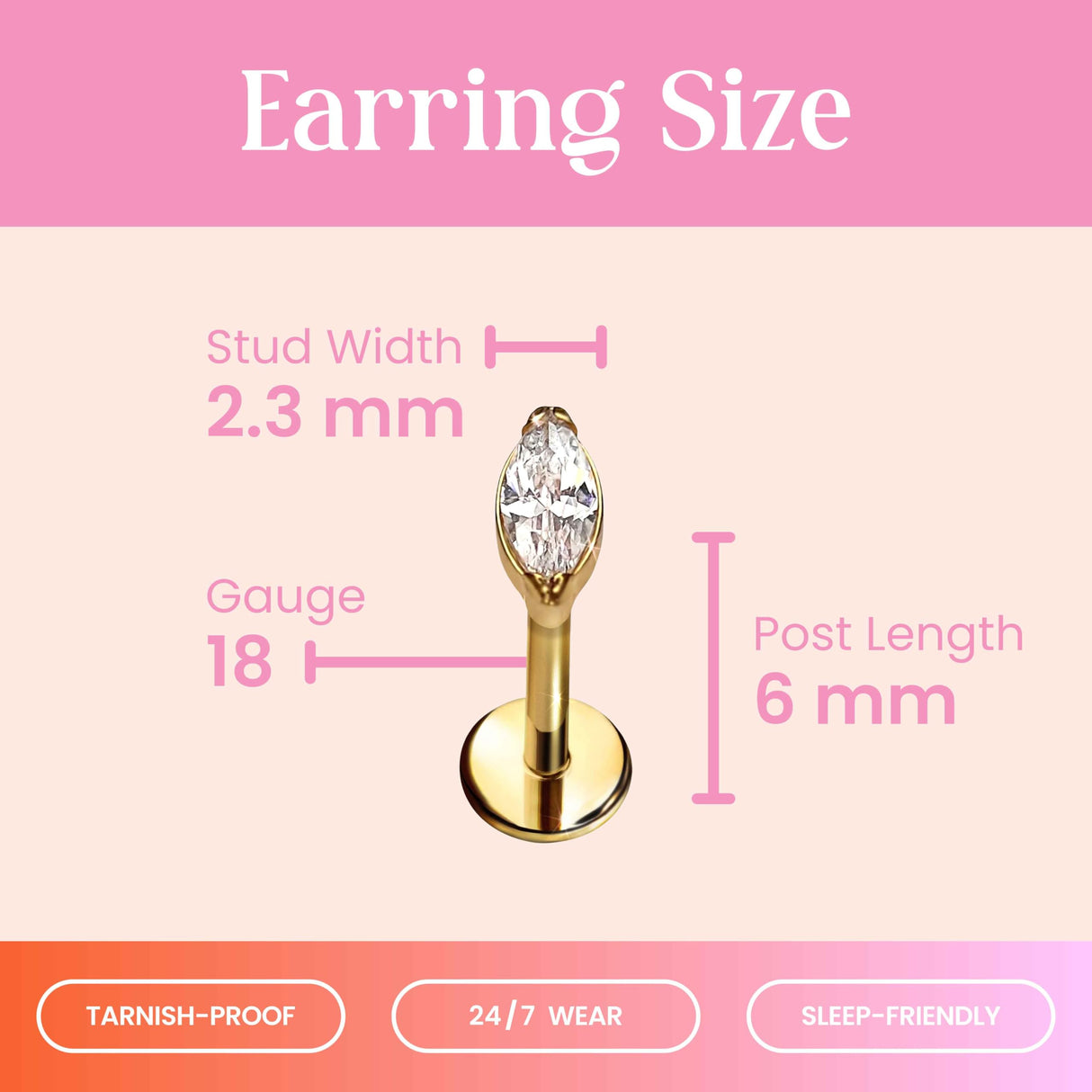 Cords Club Marquise Flat Back Stud-Hypoallergenic Titanium Women's Earring