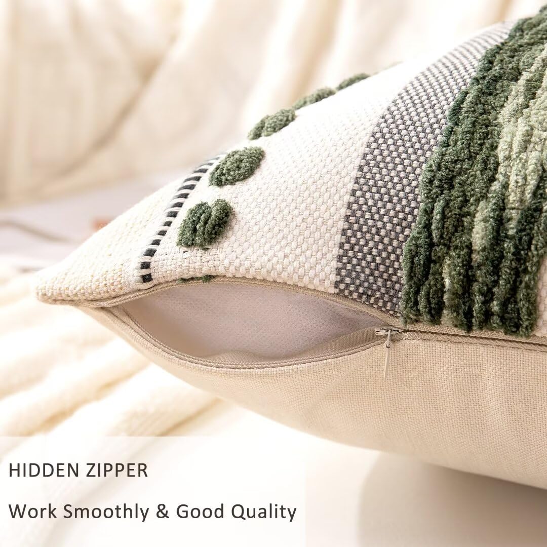 WANLIRD Boho Throw Pillow Covers 18x18 Set of 2 Christmas Decorative Cushion Case Striped Square Pillows Cover Chenille Pillow Cases Accent Neutral Pillowcase for Sofa Couch Bed,Dark Green