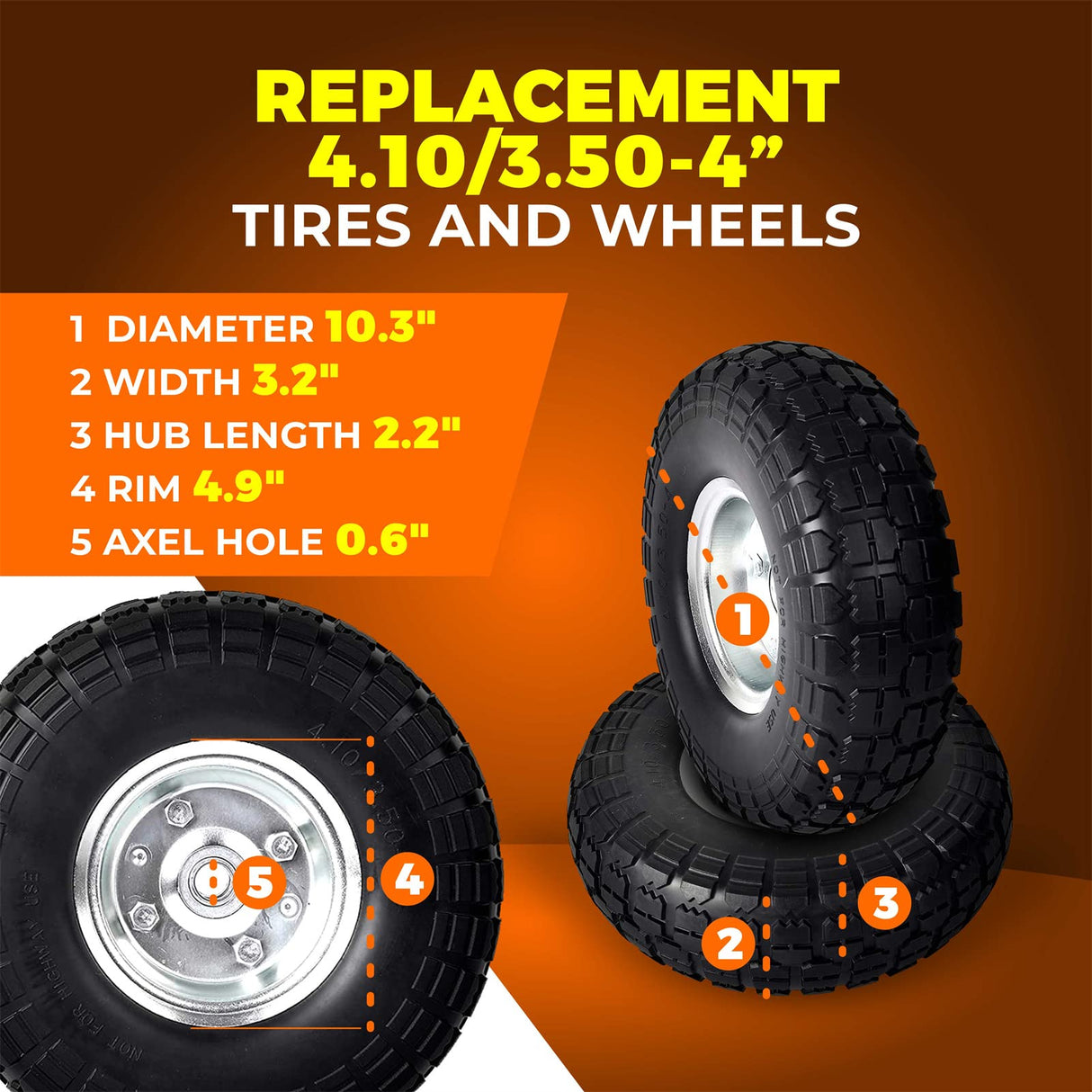 AR-PRO 10" Solid Tire and Wheel, Flat Free 4.10/3.50-4 Tire, 2-Pack