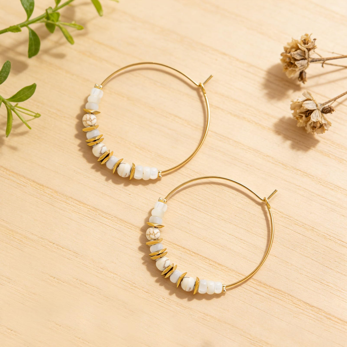 Frigotine Gold Boho Shell Beaded Hoop Earrings for Women, Retro Circle Mother of Pearl Handmade Lightweight Jewelry Christmas Holiday Beach Accessories Gift