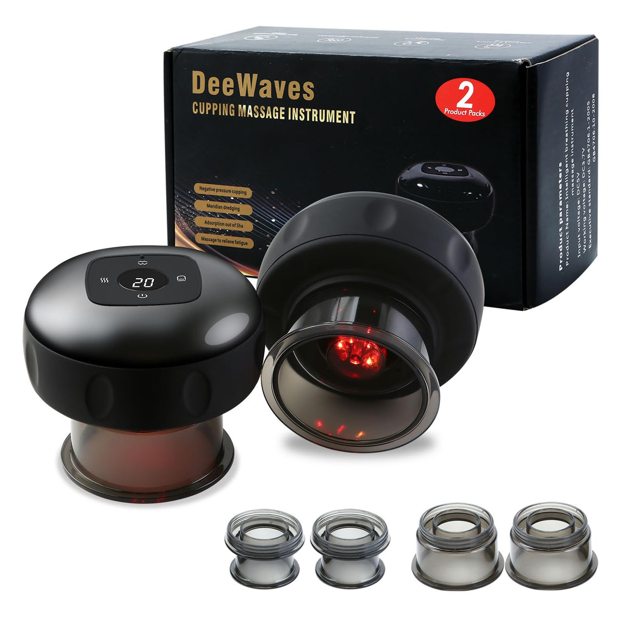 DeeWaves Smart Cupping Massage Therapy Set 2 Pcs, Electric Therapy Massager Kit, Therapy Device, Gua Sha Massage Tool for Pain Relief, Neck Shoulder Back Muscle Soreness (Black)