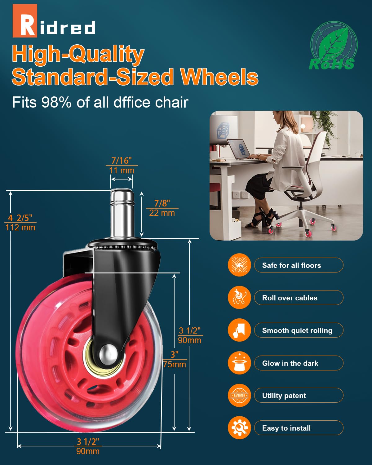 RidRed Gaming Chair Wheels - Heavy-Duty Office Chair Wheels - Replacement Rubber Casters- Universal Fit 3 Inch Chair Casters, Noise Free, Fits 98% Chair, for All Floor (Red)