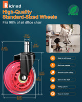 RidRed Gaming Chair Wheels - Heavy-Duty Office Chair Wheels - Replacement Rubber Casters- Universal Fit 3 Inch Chair Casters, Noise Free, Fits 98% Chair, for All Floor (Red)